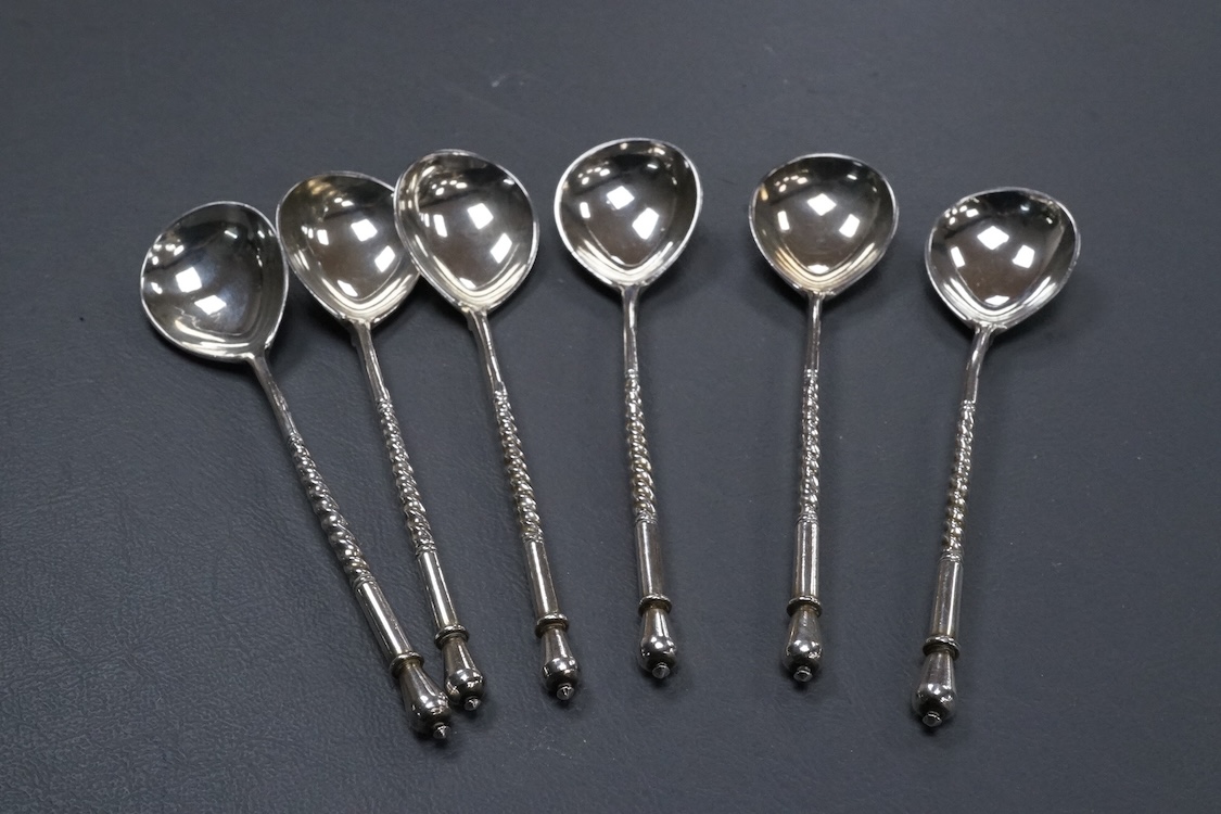 A set of six late 19th century Russian 84 zolotnik teaspoons, with spiral stems, indistinct master, Moscow, 1894, 13.3cm, 4oz.